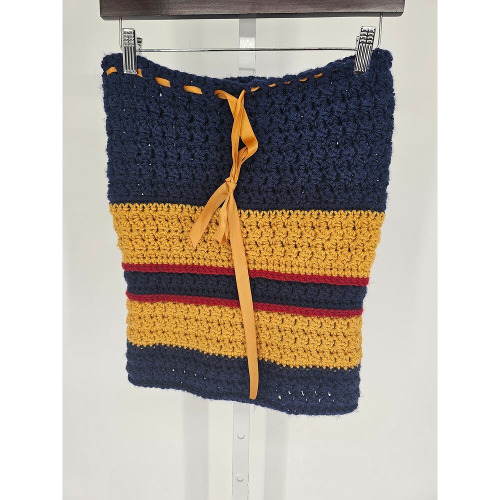 Vintage Y2K 2000s Womens Sz M Crochet Strapless Tube Top Boho Blue Gold Striped